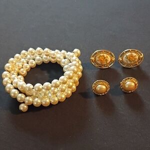 Vintage 1950's Faux Pearl Wrap Bracelet wIth Earrings Bundle.